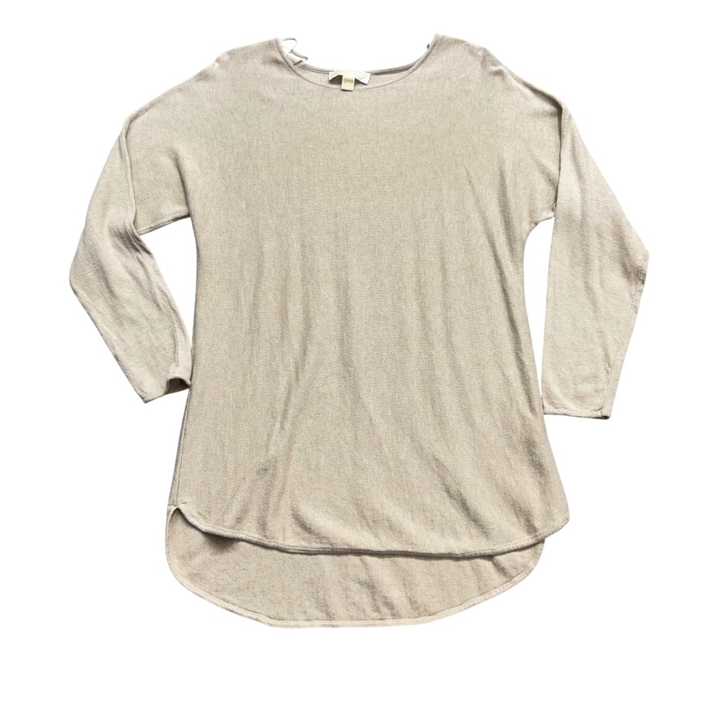 Michael Kors Womens L Tan Beige Scoop Neck Hi-Low Hem Pullover Tunic Sweater